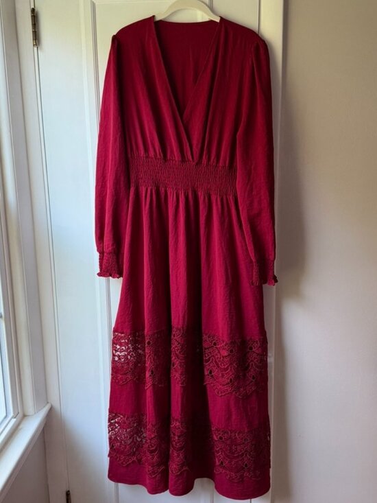 Olaesa Dresses & Skirts - OLAESA Burgundy Long Sleeve Boho Maxi Dress Lace Trim XXL NWT